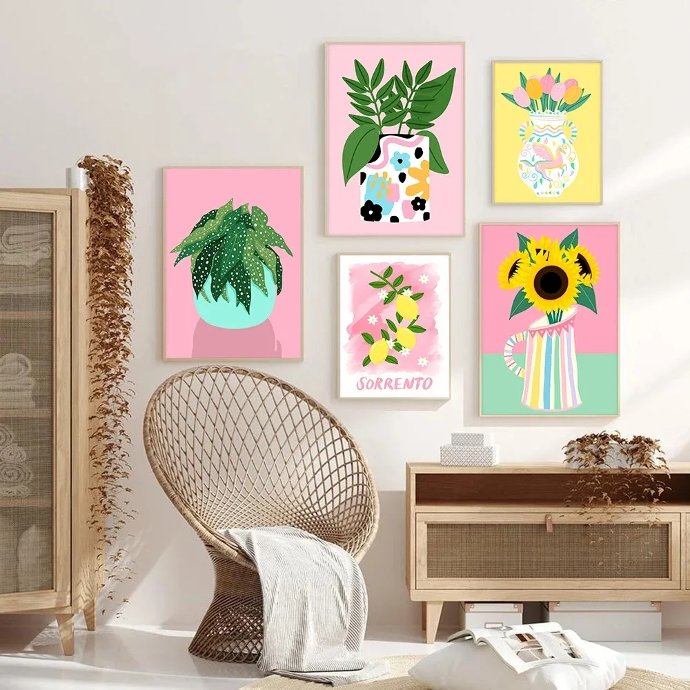 1PC frameless decorative art print,Greek Bouquet Potted Plants Lemon Sunflower Flower Vase Wall Art Minimalist Print Canvas Pain