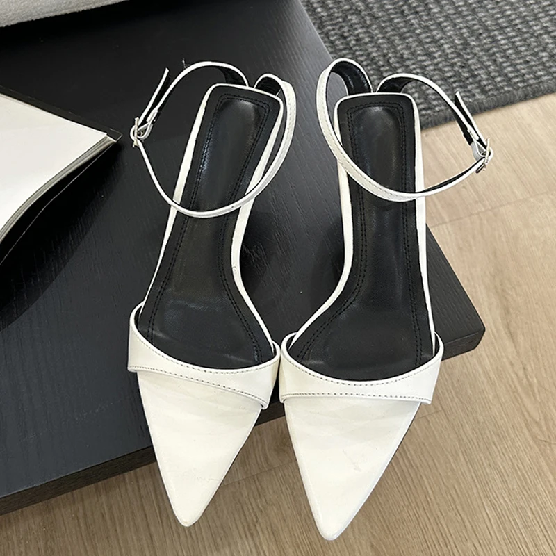 Liyke Fashion Black White Sandals For Women 2024 Summer Gladiator Pointed Toe Low Thin Heels Female Shoes Casual Roma Sandalias