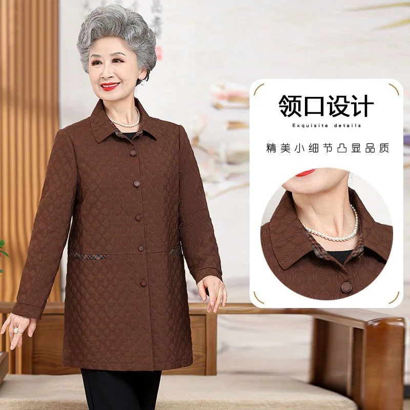 Elderly Women Lapel Mid Length Coat Quilted Single Breasted Windproof Loose Warm Spring Autumn Grandma Outerwear