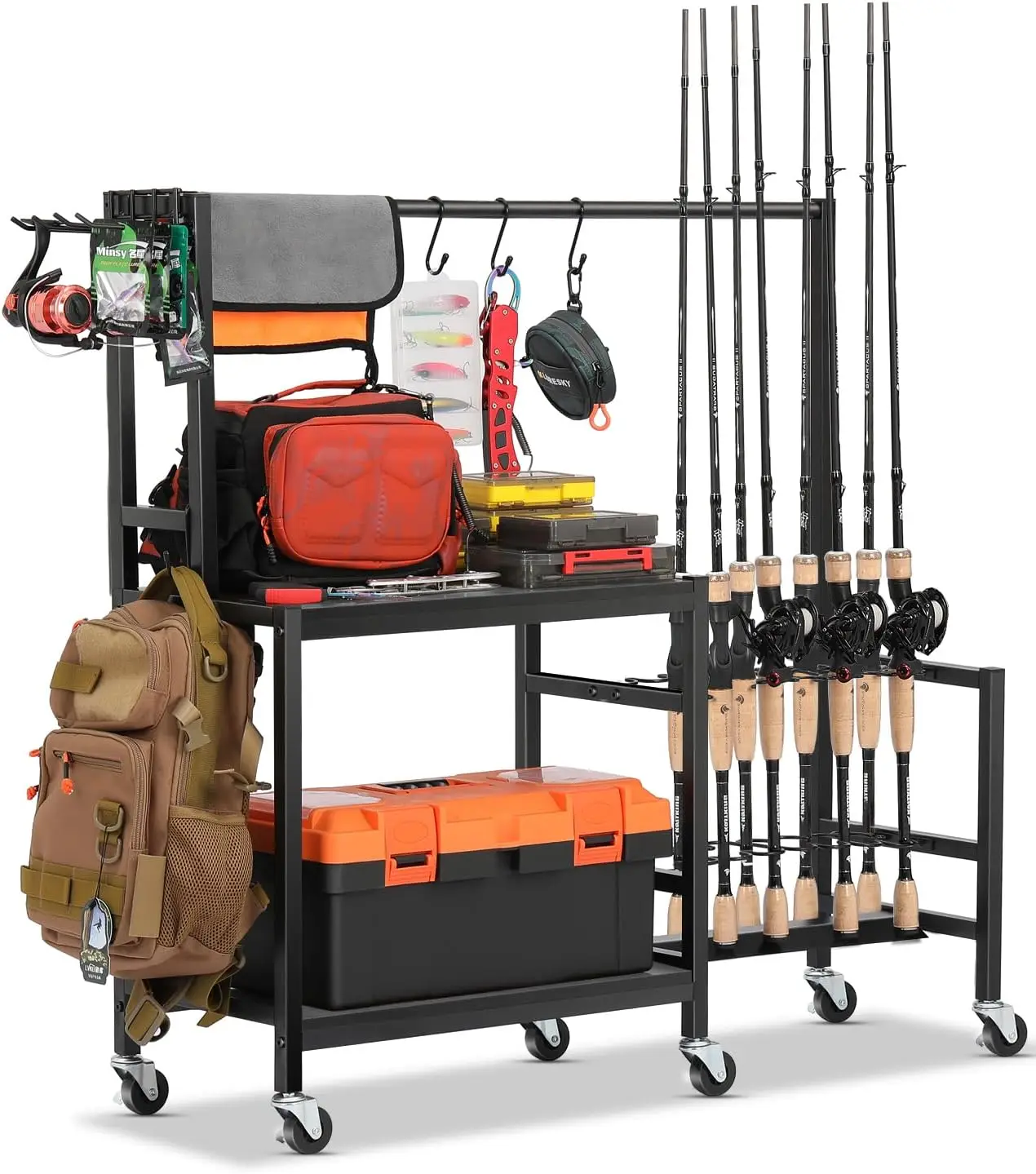 

Прочная рыболовная тележка на колесах, вмещает до 16 удилищ, для хранения в гараже и дома