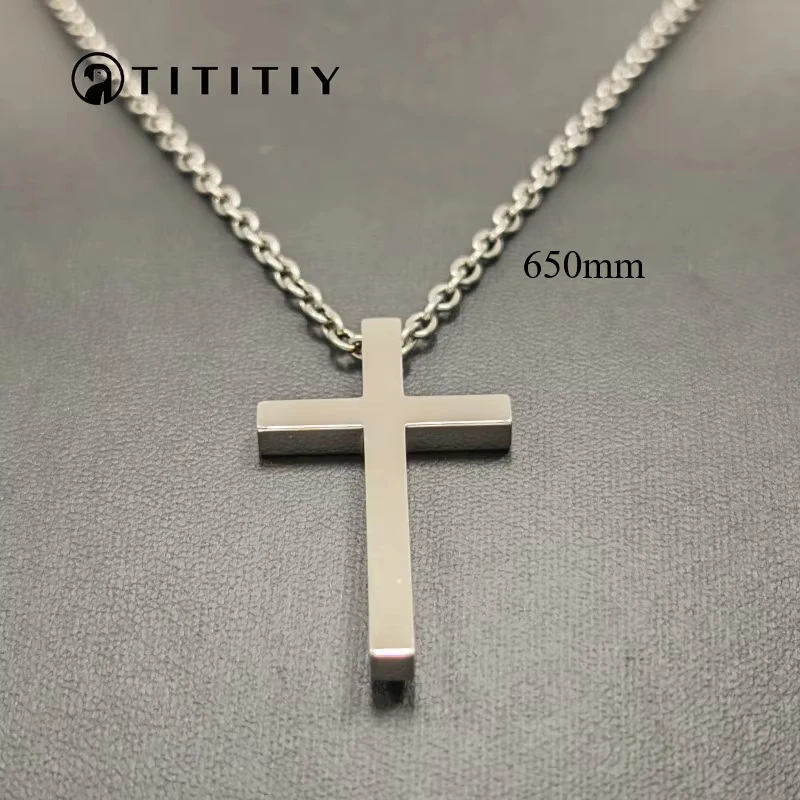 

New 3mm Wide Pure Titanium O Necklace with Glossy Pure Titanium Cross Ultra Light Anti Allergic Man Woman Necklace Classic 650mm