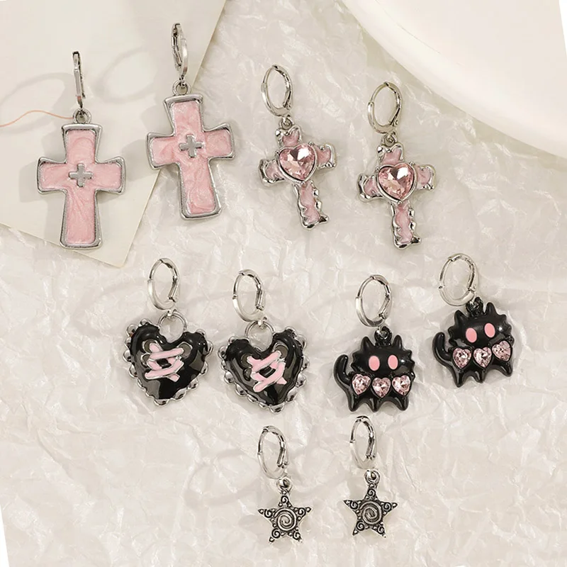 Goth Harajuku Vintage Aesthetic Pink Cross Crystal Star Heart Pendant Earring for Girl Y2K Grunge 2000s EMO Jewelry Accessories