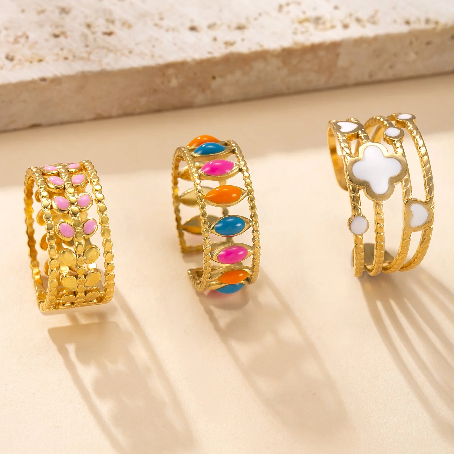 Colored Shell Open Rings for Women Gold Plated Stainless Steel Ring 2025 Trend Luxury Aesthetic Jewelry Bohemian