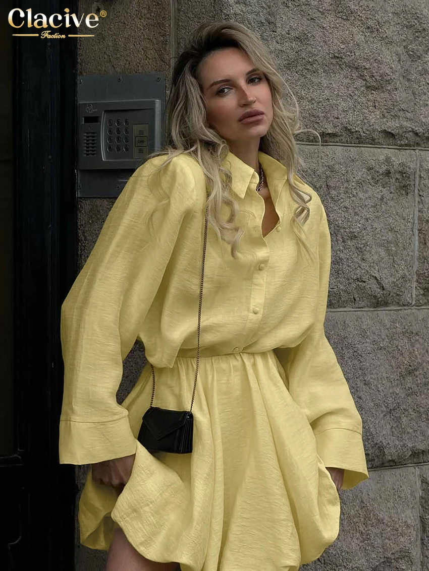 Clacive Fashion Luźny żółty dwuczęściowy zestaw damski 2025 Elegancka koszula z długim rękawem i plisowaną mini spódniczką z wysokim stanem dla kobiet