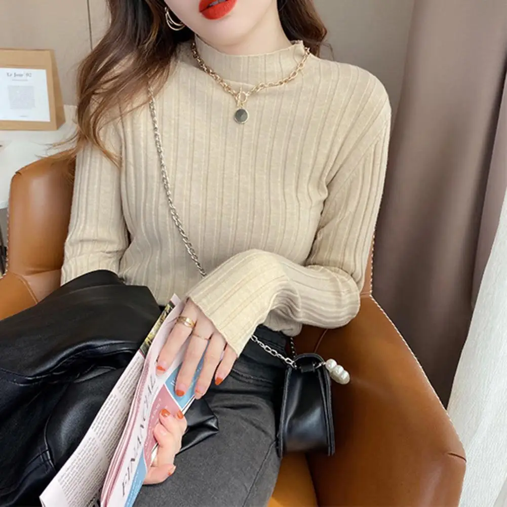 Fall Winter Women Sweater Half High Collar Neck Thin Knitted Top Elastic Slim Fit Striped Lady Bottoming Top