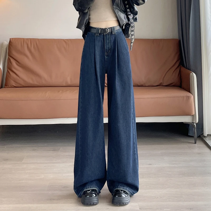 Fashion Casual Baggy High Waist Drape Wide Leg Jeans Loose Wash Straight Denim Pants Streetwear Vintage Women Trousers