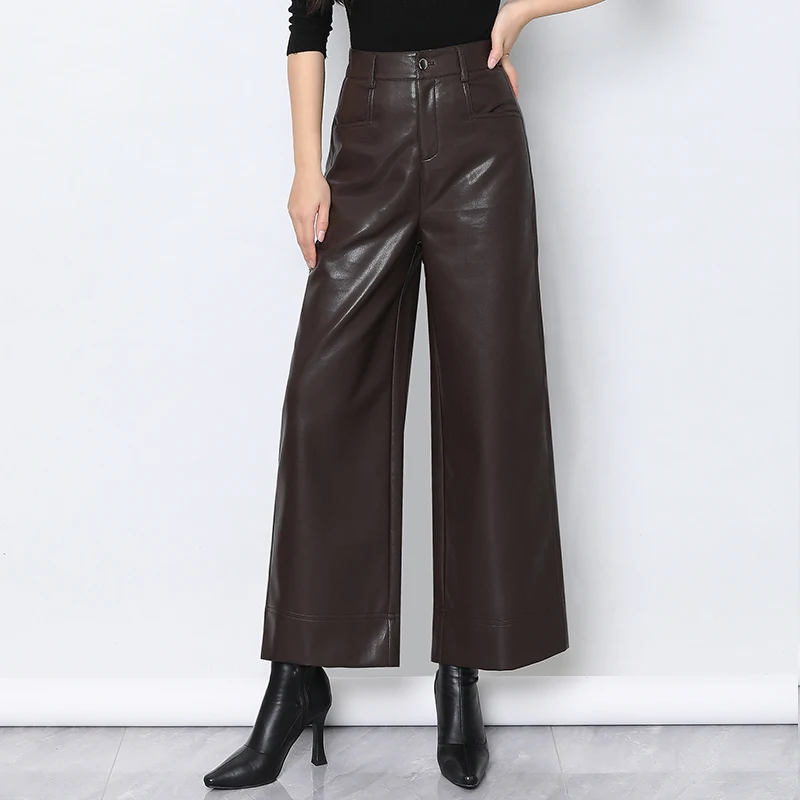 

High Waist PU Leather Wide Leg Pants Straight Cut Loose Fit Nine Point Women's Casual Trousers Comfortable Stretchy Commute