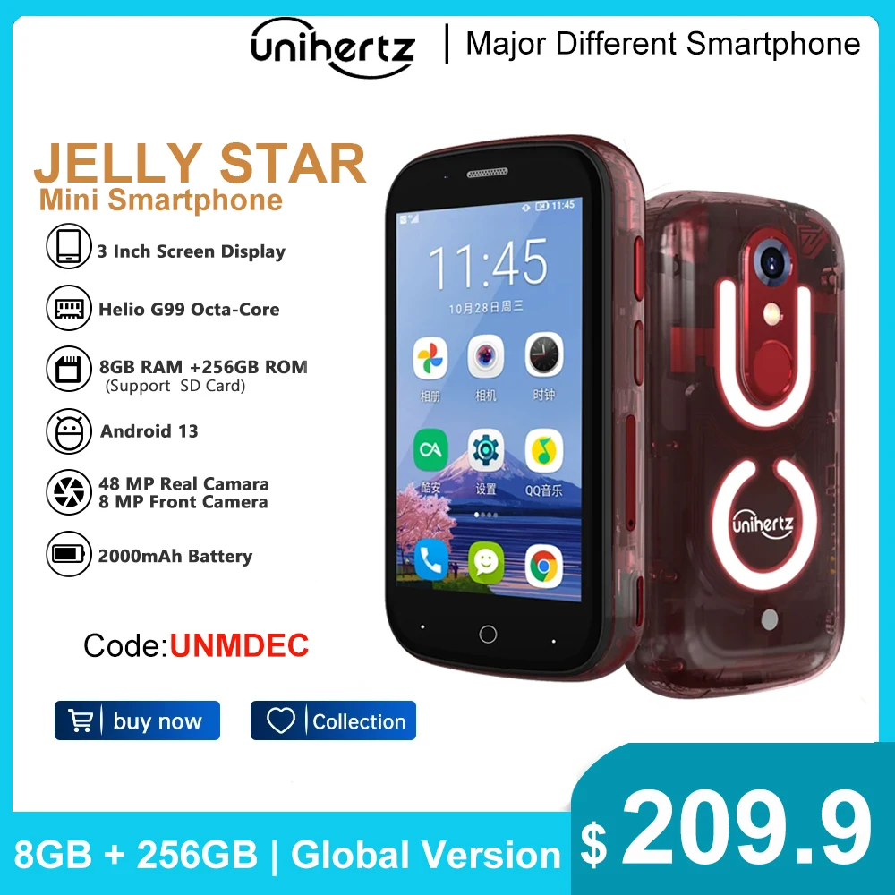 Unihertz Jelly Star, ponsel pintar Android 13 Versi Global 4G dengan SIM Nano ganda 8GB + 256GB Bluetooth 5.3 kamera utama 48MP OTG