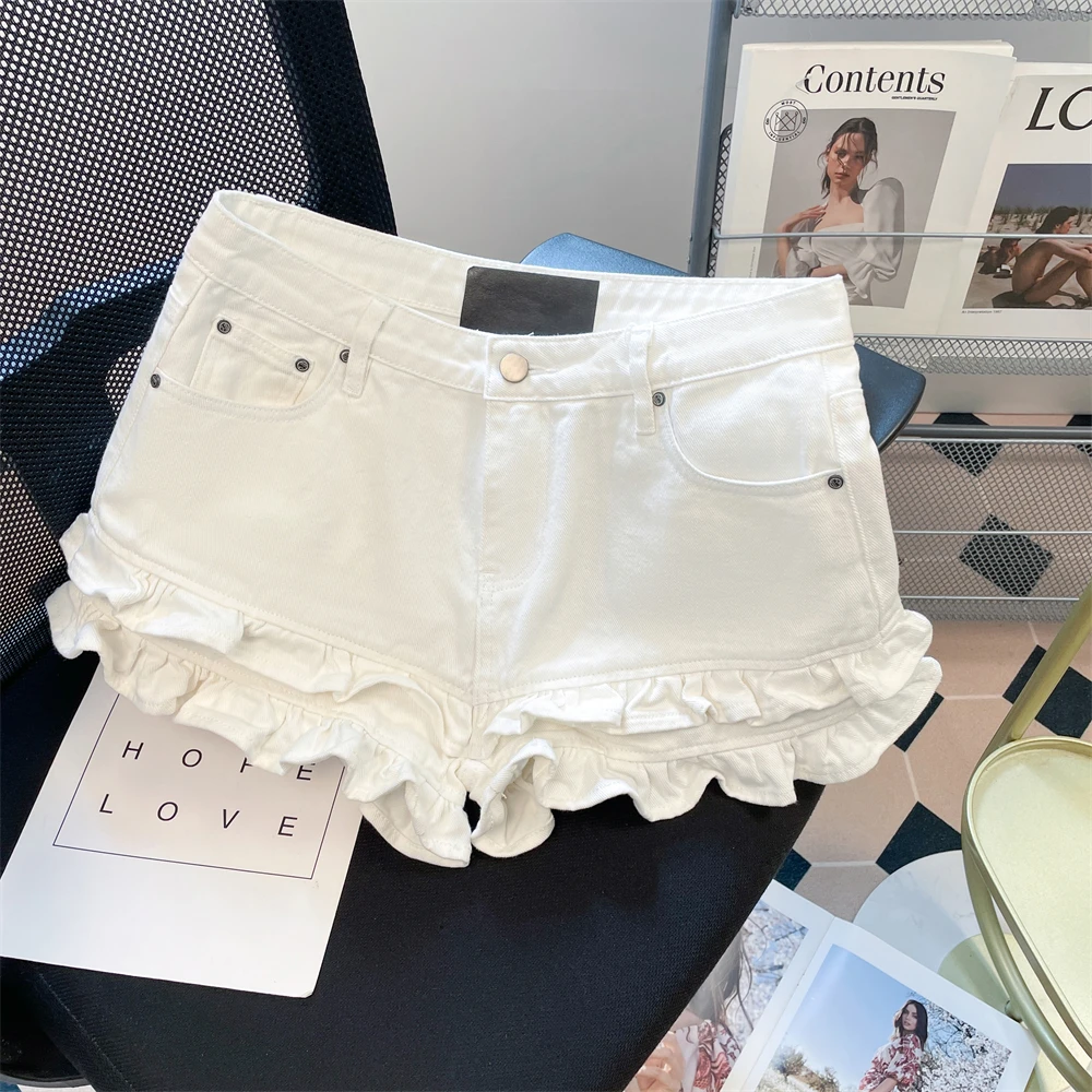 한국 스타일 프릴 짧은 청바지 여성 여름 섹시한 솔리드 컬러 하이 웨이스트 데님 반바지 파티 클럽 올 매치 반바지 streetwear