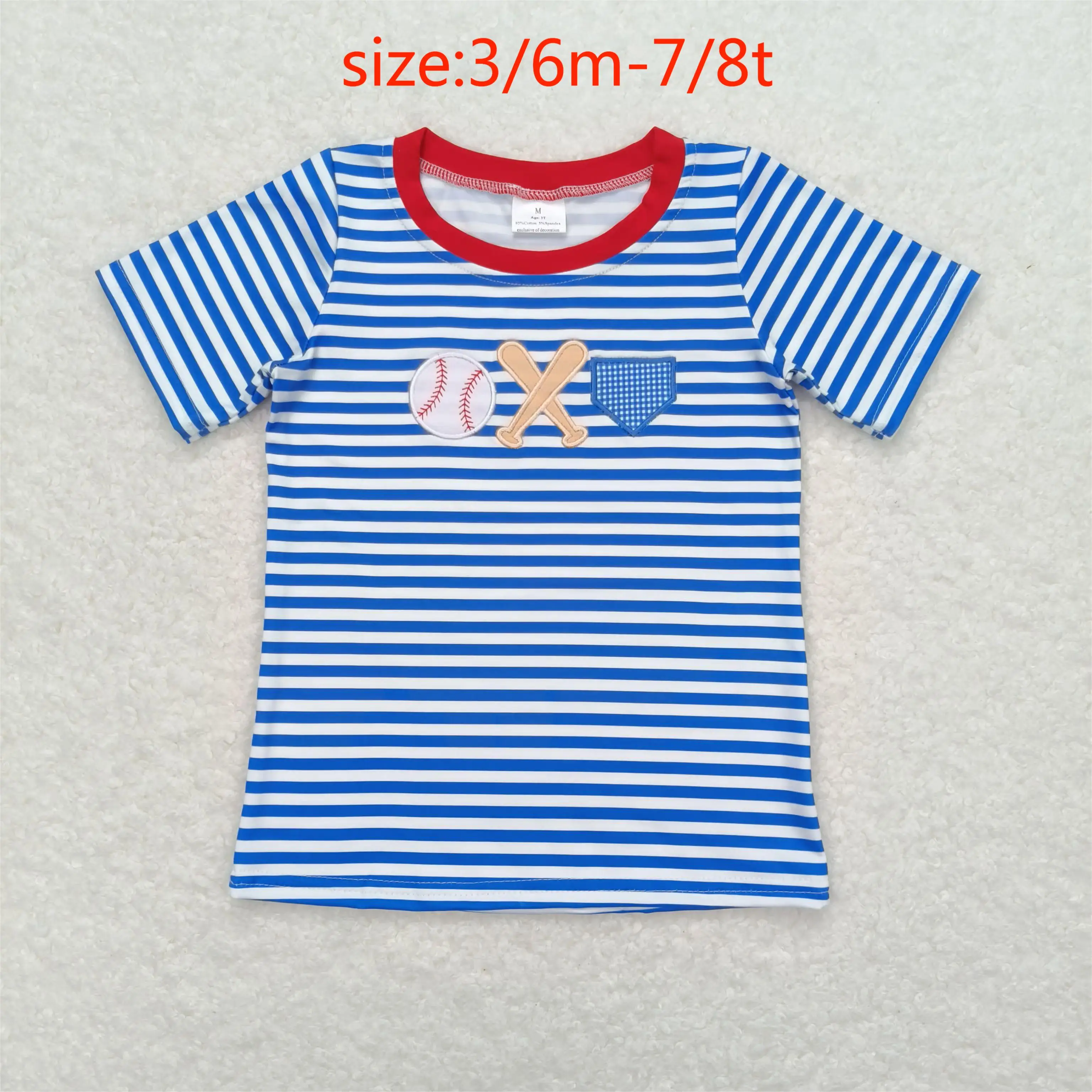 

BT0657 Wholesale Summer baby boy clothes Embroidered baseball blue white striped short-sleeve tops Boutique kids clothes girl