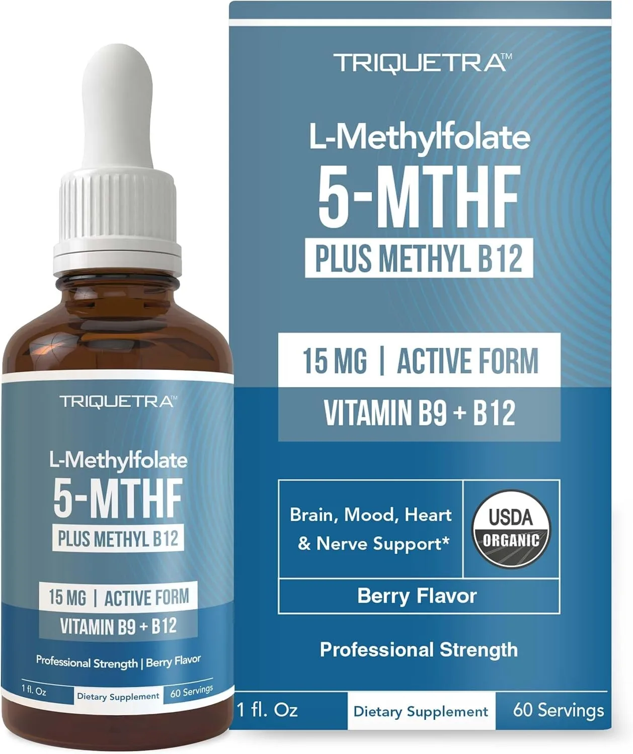 

L Methyl Folate 15mg Plus Methyl B12 Cofactor Liquid Sublingual Active 5-MTHF Form Bioactive Forms Vitamin B9 B12