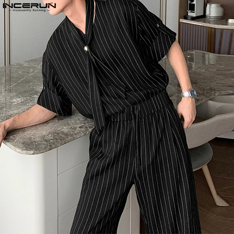 INCERUN 남성 세트 스트라이프 O넥 반팔 셔츠 & 팬츠 투피스 세트 여름 루즈핏 스트릿웨어 2025 패션 남성 캐주얼 슈트