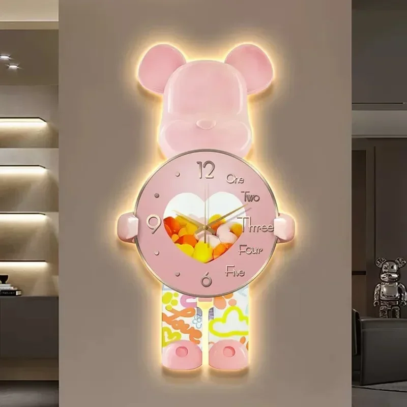 Aesthetic Bear Wall Clocks LED Lamp Unique Bear Silent Sconce Luxurious Porch Living Room Decoration Interior Wall Light Clock