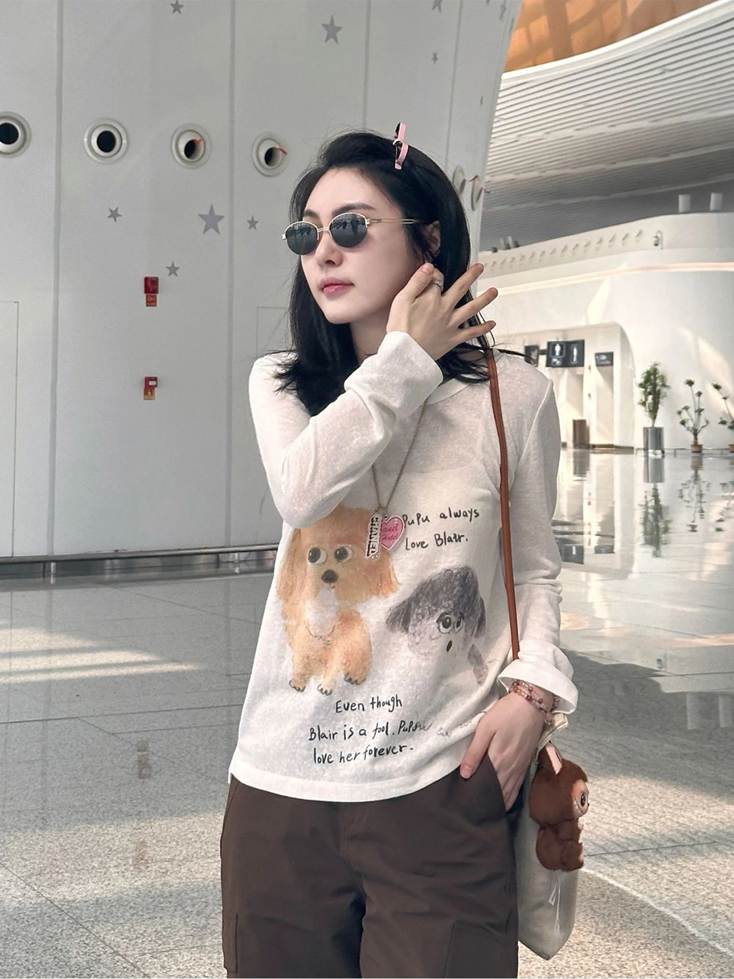 

Милая футболка с мультяшным принтом, длинный рукав, свободный крой, дышащая, из смесового хлопка и полиэстера, для повседневной носки...