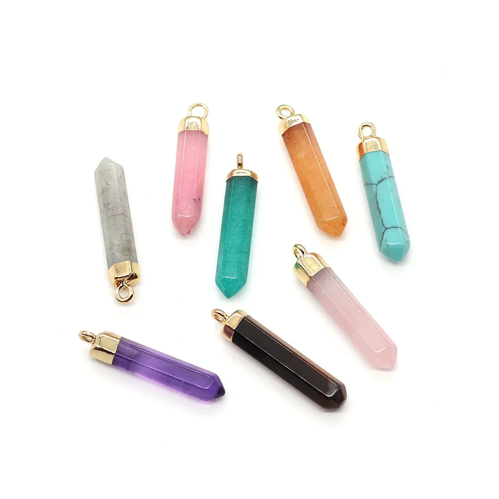 Hexagonal Column Shaped Natural Stone Amethyst Tiger Eye Stone Pink Crystal 5x30mm Diy Jewelry Making Necklace Earrings Charm