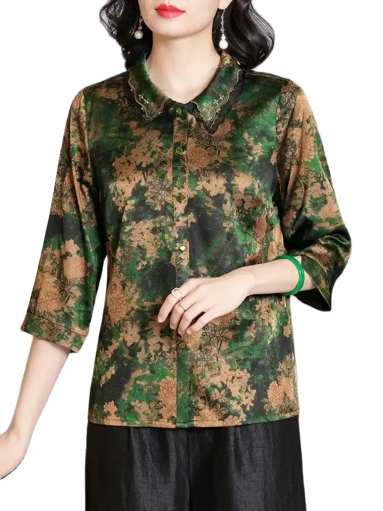 BirdTree 90%Real Silk Elegant Shirt For Women, Lapel Flower Printed, Vintage Loose Commute Blouse, 2024 Spring Summer T42318QC