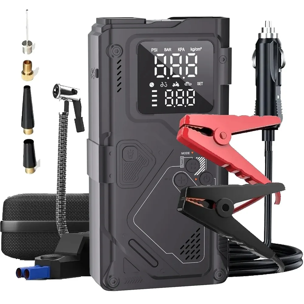 

6 in 1 Jump Starter with Air Pump Peak 5000A Booster 150PSI Tire Inflator 8L Gas/4L Diesel with DC Power Cord 400LM Flashlight