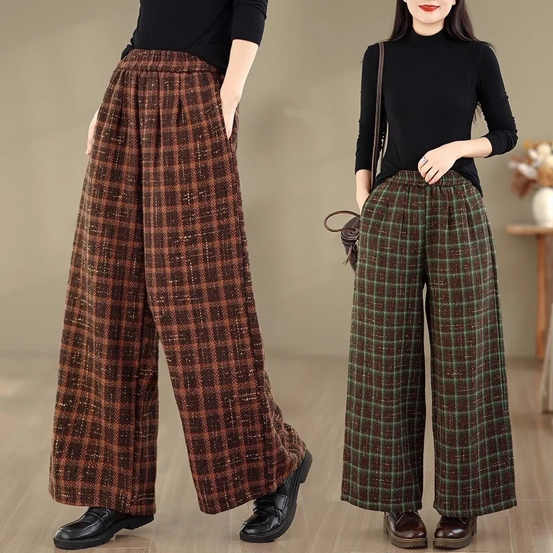 Retro Plaid Woolen Pants Women Autumn Winter, Large Size Loose And Versatile Elastic Waist, Warm Casual Wide Leg Trousers w1692