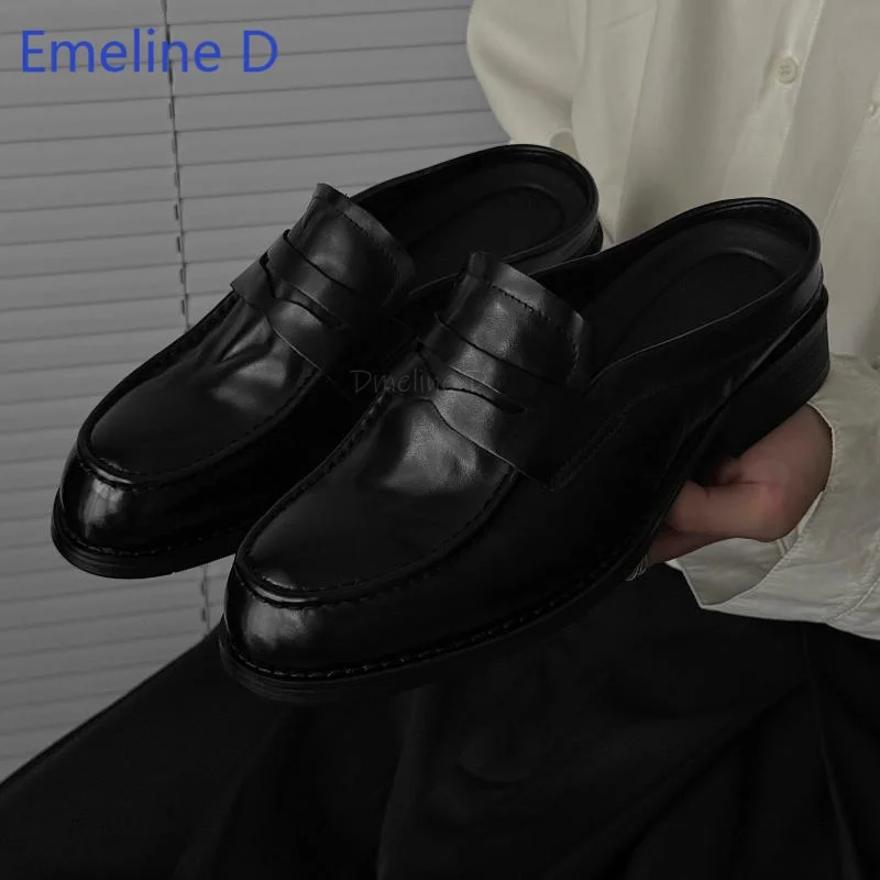 Square Toe Loafer Mules Backless Slip On Shoes Soft Textured Leather Low Chunky Block Heel Retro Minimalist Fashion Footwear