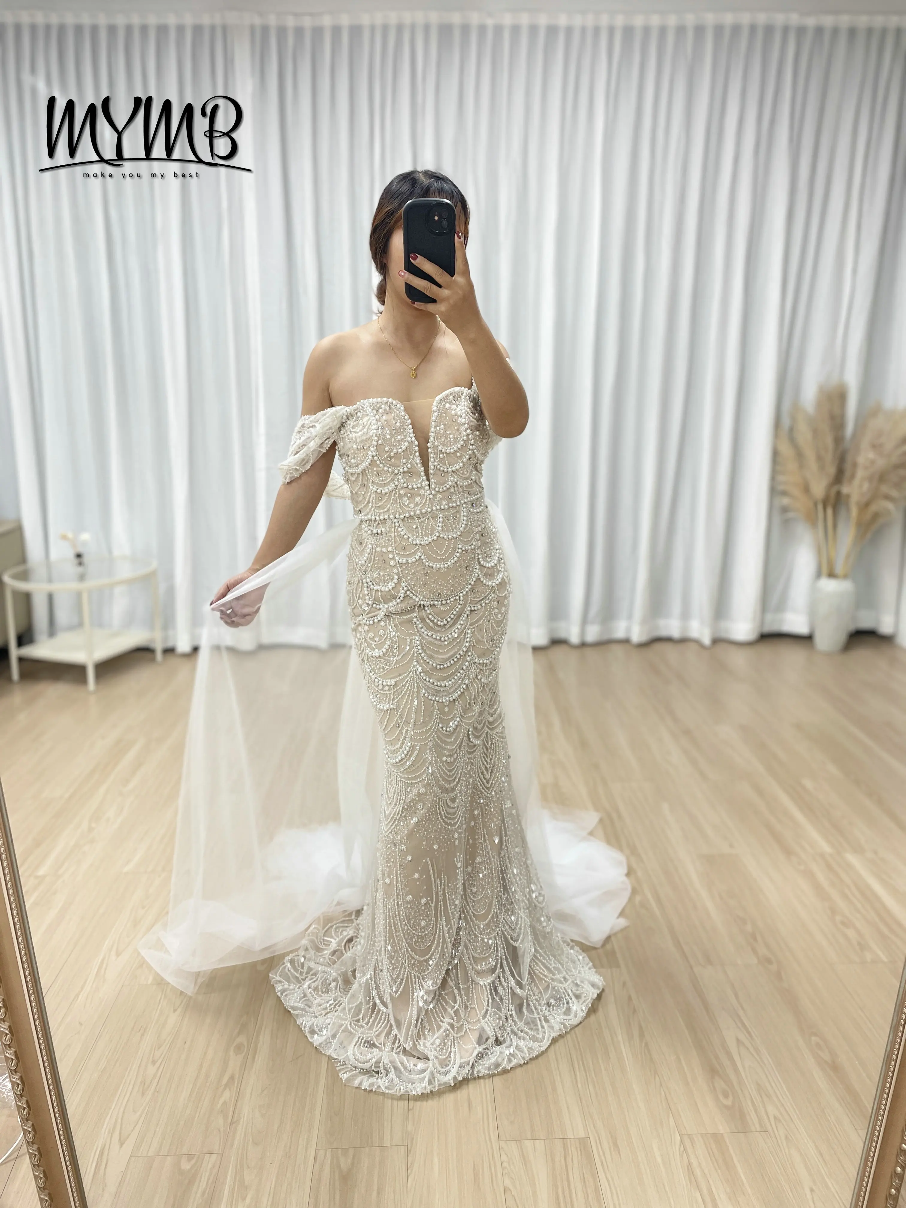 

MYMB Mermaid Evening Dresses With Gloves Deep V-Neck Beaded Pearls Couture Evening Dress Bridal Wedding Dress for Lady MY30068-2