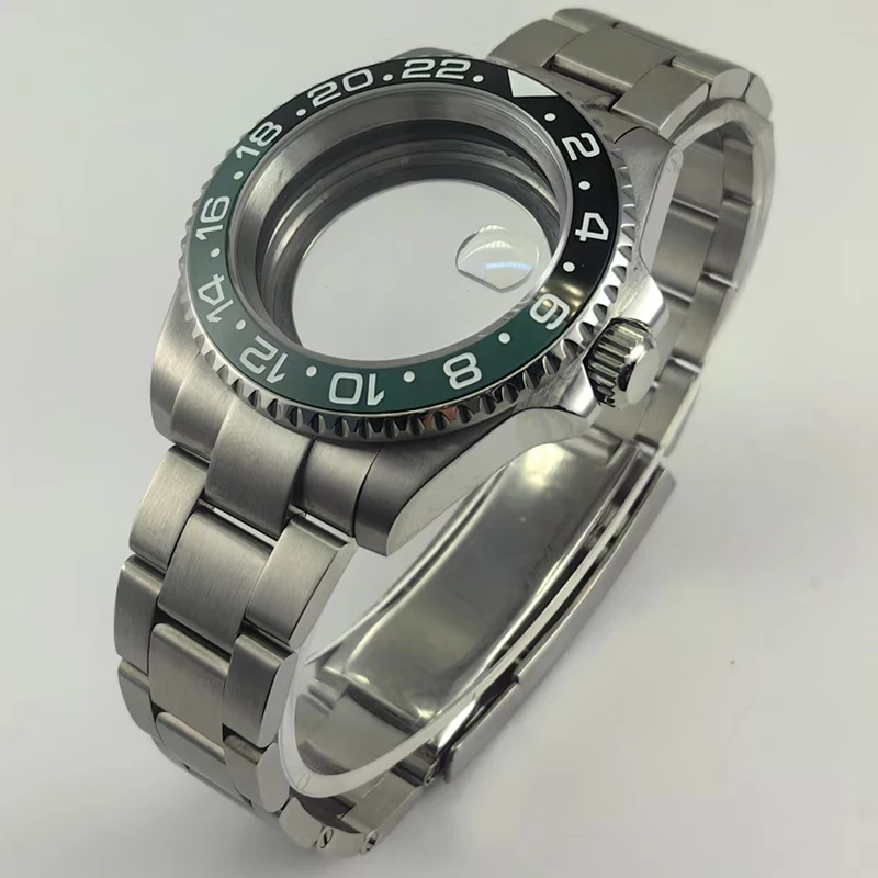 40 مللي متر حافظة فضية قفل منزلق مشبك ملحق NH35 زجاج الياقوت الأخضر السيراميك الحافة NH35/36 حركة الظهر الزجاج الشفاف