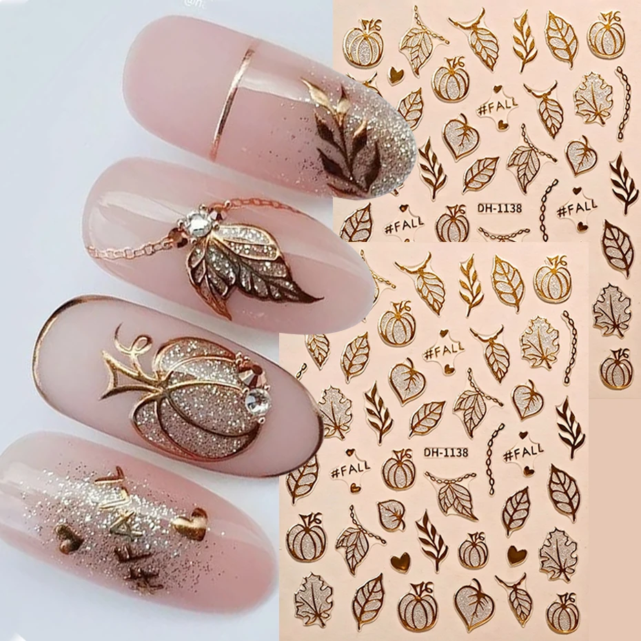 2 pcs Shiny Bronzing Maple Leaves Pumpkin Nail Stickers Golden Deep Fall Falling Leaves Pumpkin Nail Decals Autumn Nail Decor