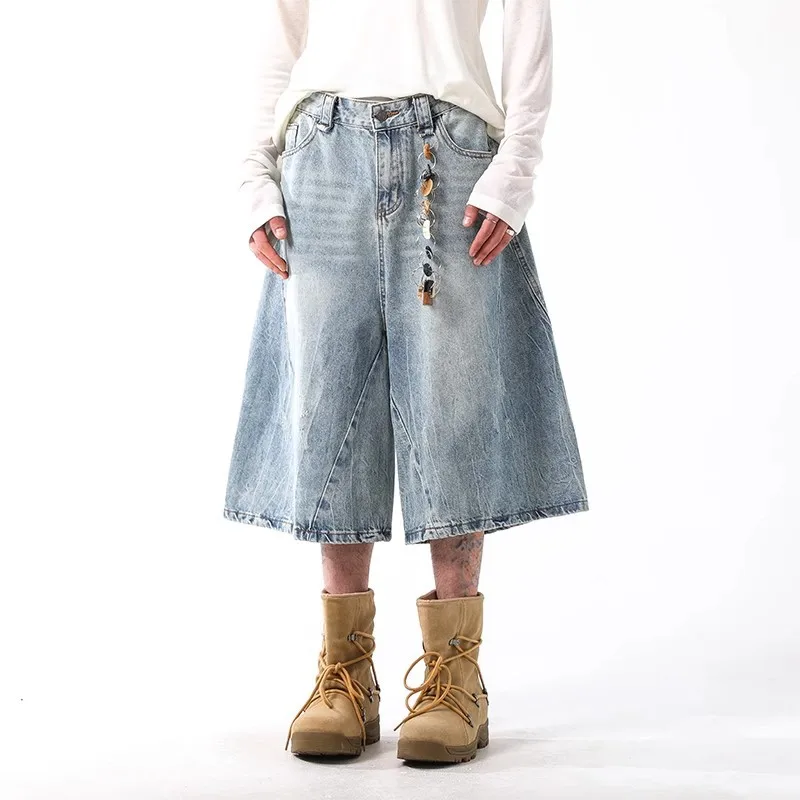 KIDWHXR Man Summer Calf-length Pant American Retro Washed Casual Male Shorts Loose Straight Mid Waist Versatile Men Denim Shorts