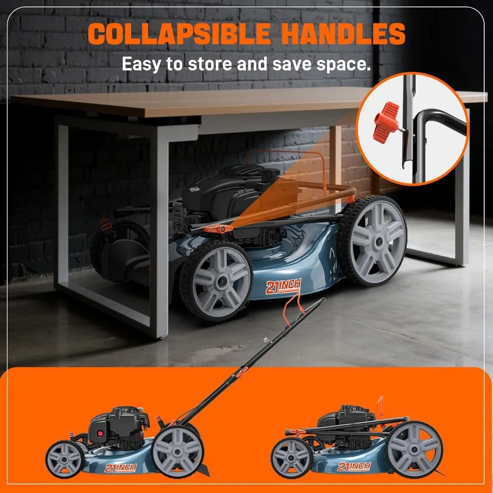 Cortador de grama a gás SENIX de 21 polegadas com motor Briggs & Stratton de 4 ciclos de 125cc, mulching e capacidades de descarga lateral, C ajustável