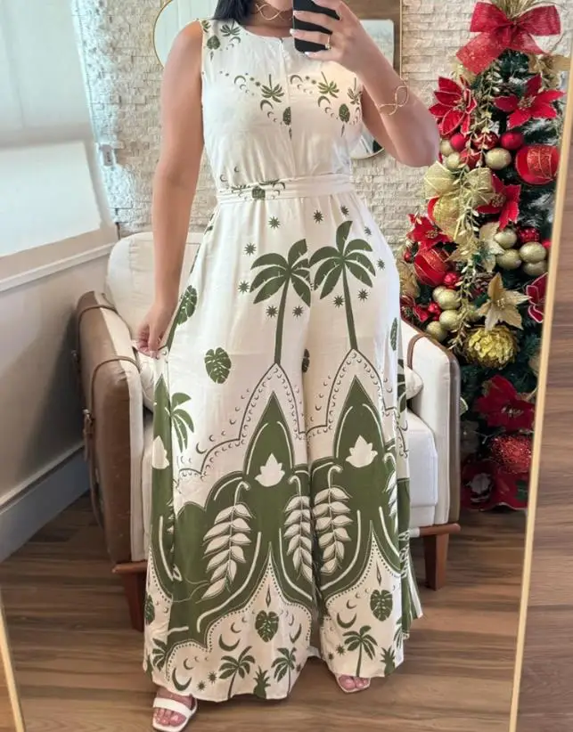 

Tropical Print Round Neck Sleeveless Tied Detail Jumpsuit