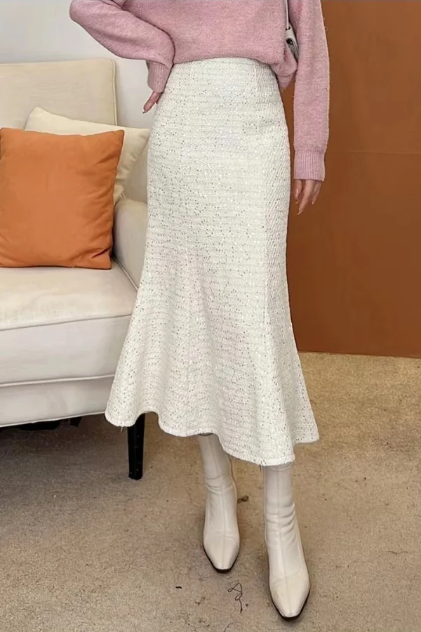 

2023 Autumn Winter Skirt Women Tweed Mermaid Mid Length High Waist Slim Fit A Line Shiny Thread Elegant Fashion Outfit Tops