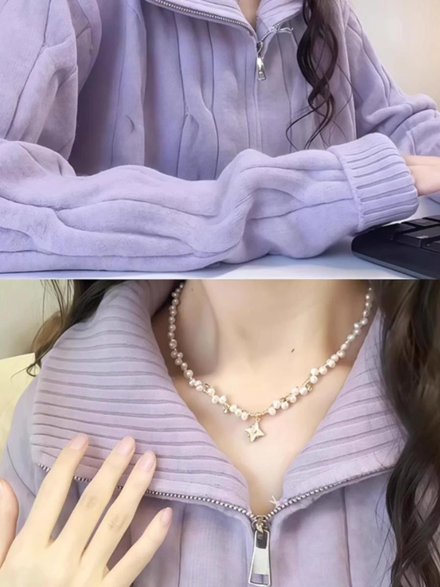 سترة معطف نسائي بياقة عالية وسحاب من Thiened موضة شتاء جديدة لعام 2025 أرجواني قلقاس ملتوية محبوكة طويلة Sve #4