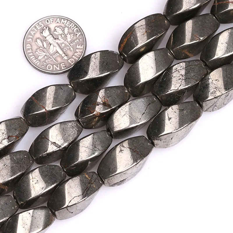 8x16mm Natural Gray Pyrite Gem stone Twist Beads For Jewelry Making Strand 15\
