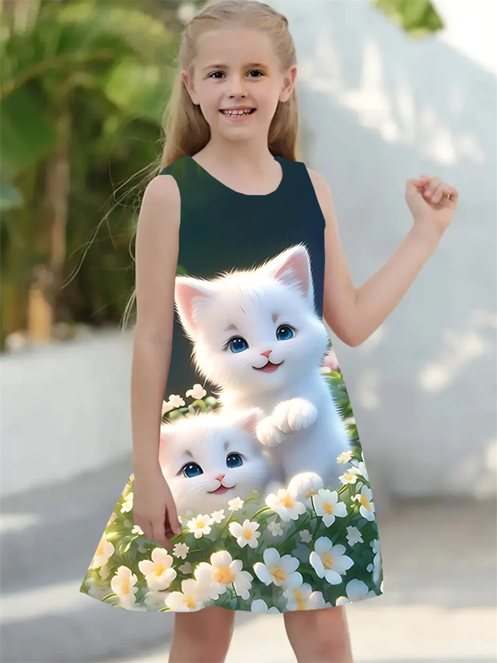 Fashion Cute Cat 3D Digital Printing Girls Dress New 2024 Sleeveless O-Neck Summer Dress Plus Size Loose Casual A-Line Vestidos