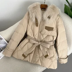 2024 Down Jacket Women Autumn Winter Real Fur Coat Lace-up with Fox Fur Collar Thickened Warm White Duck Down Jacket Real Fur