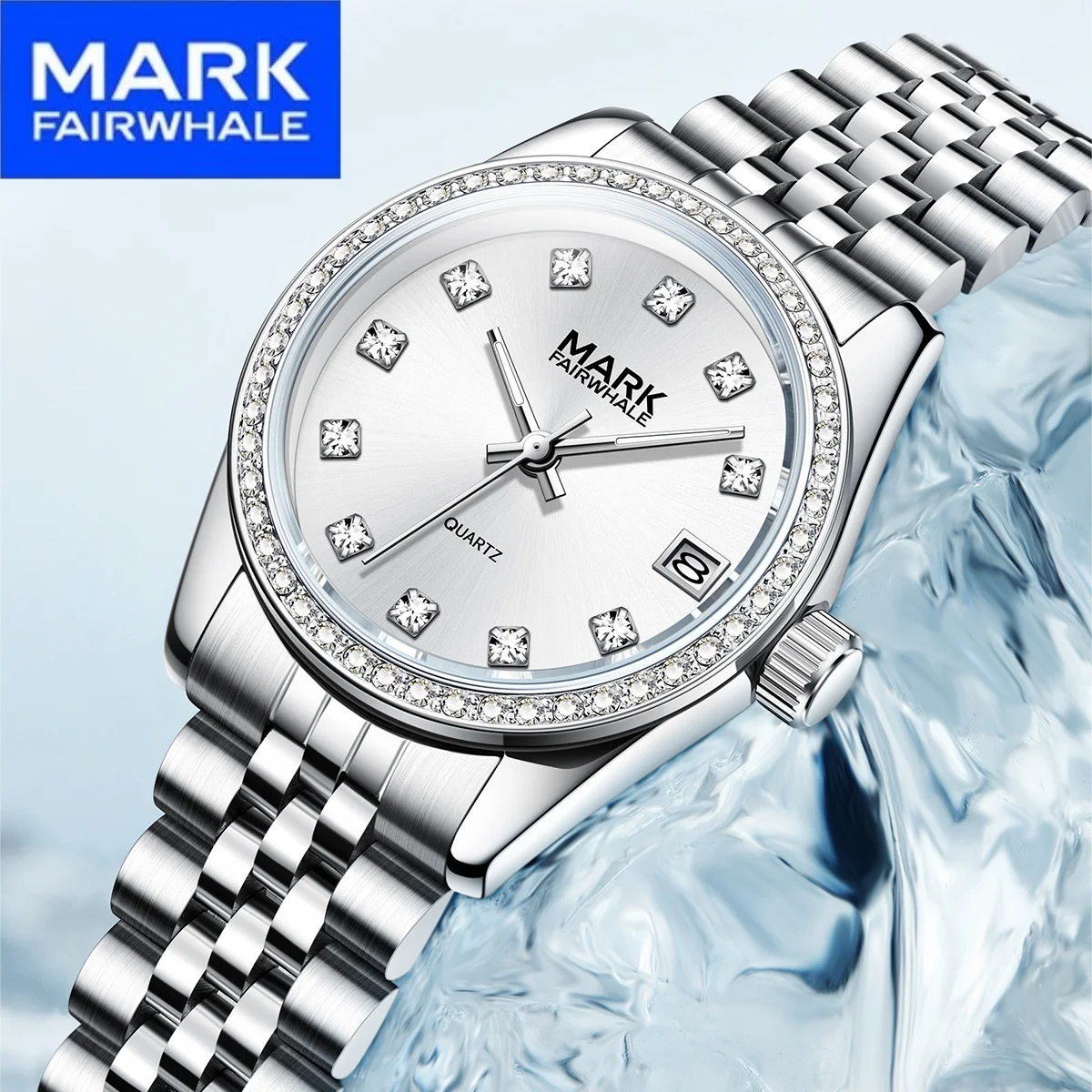 Mark Fairwhale Fashion Full Diamond Dial Women Quartz Watch Date display Waterproof  Watches for Woman