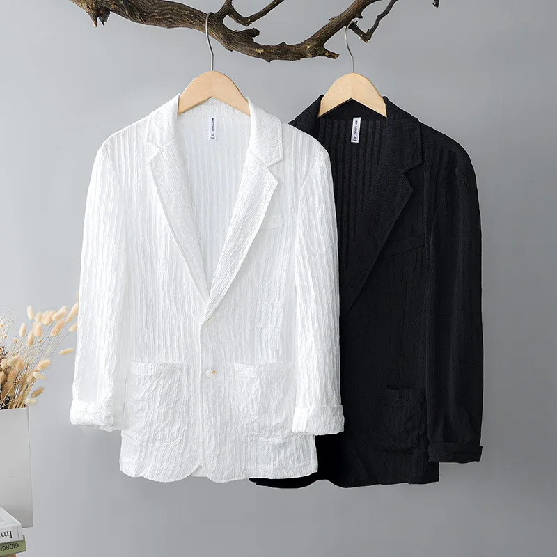 

Japanese dark striped casual suit jacket, artificial cotton loose solid color suit for men