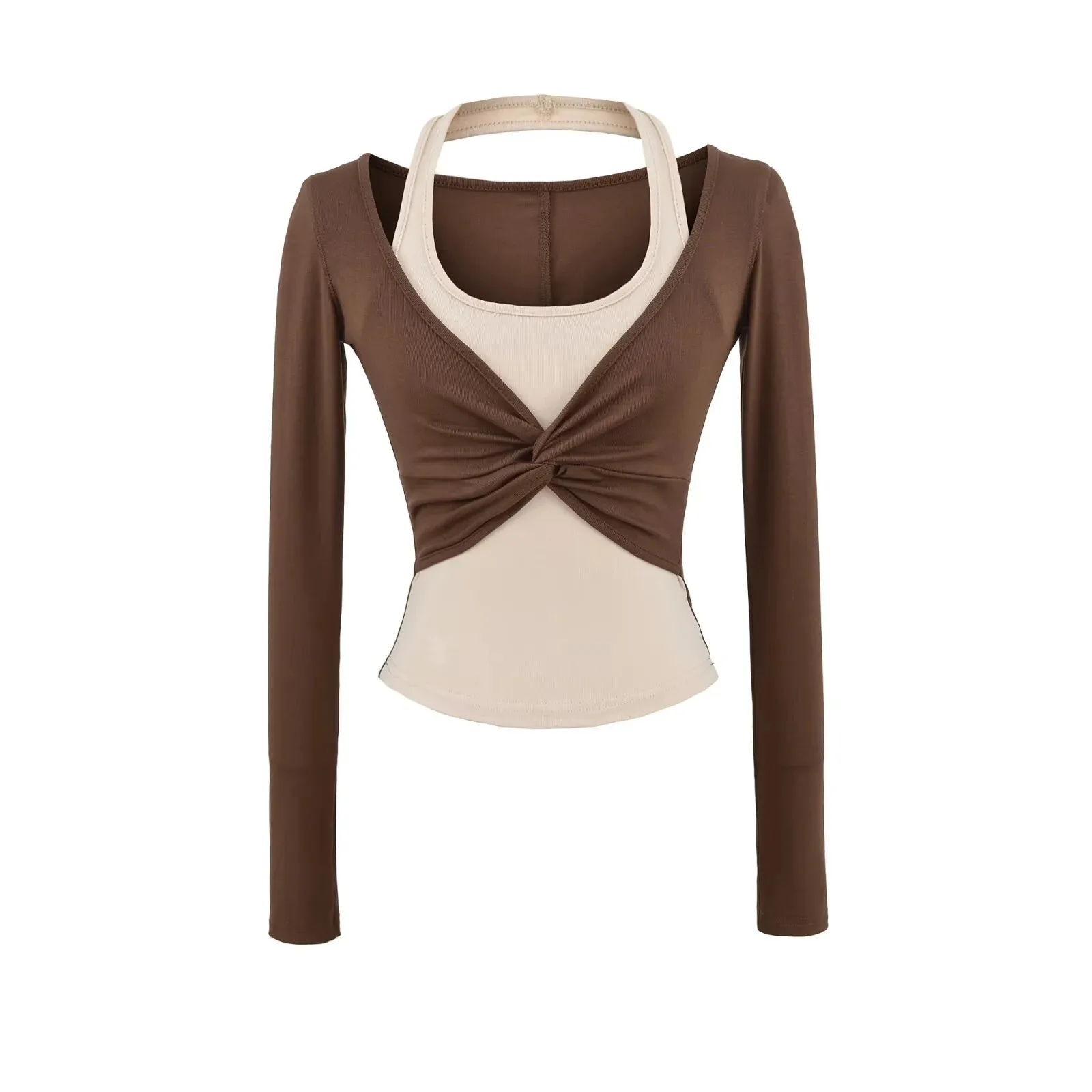 新しいセクシーなホットガール純粋な欲望スタイルカラーブロックフェイクツーピースストレッチタイトベースTシャツショートトップ長袖ホルタートップ6K4Y