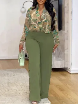 2-częściowy zestaw Sexy Plus Size Wiosna Jesień Moda Damska Zestaw Kobiece topy Koszula z długim rękawem Topy i spodnie Garnitur Dopasowany strój