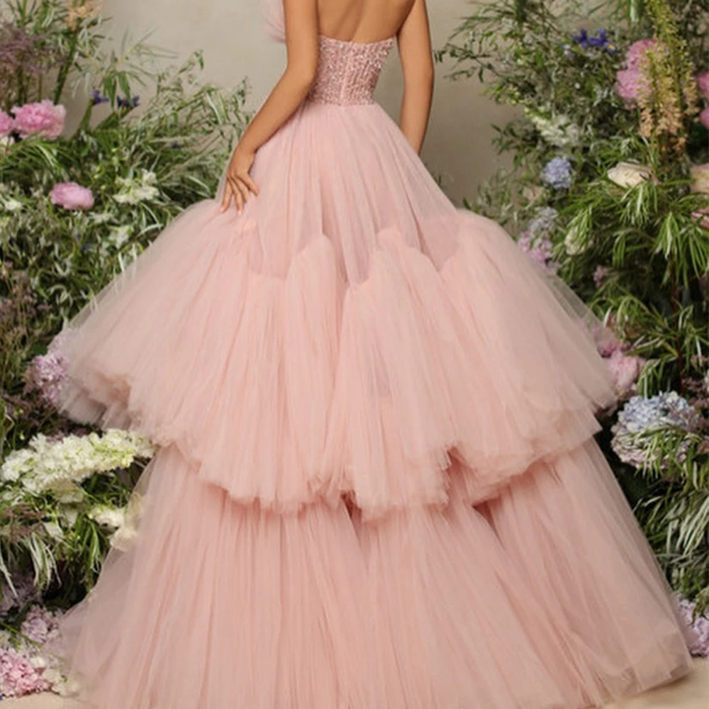 Customized Exquisite Pleats Crystal Tiered Evening Dresses Temperament A-Line Sweetheart Organza Party Gowns vestidos de fiesta