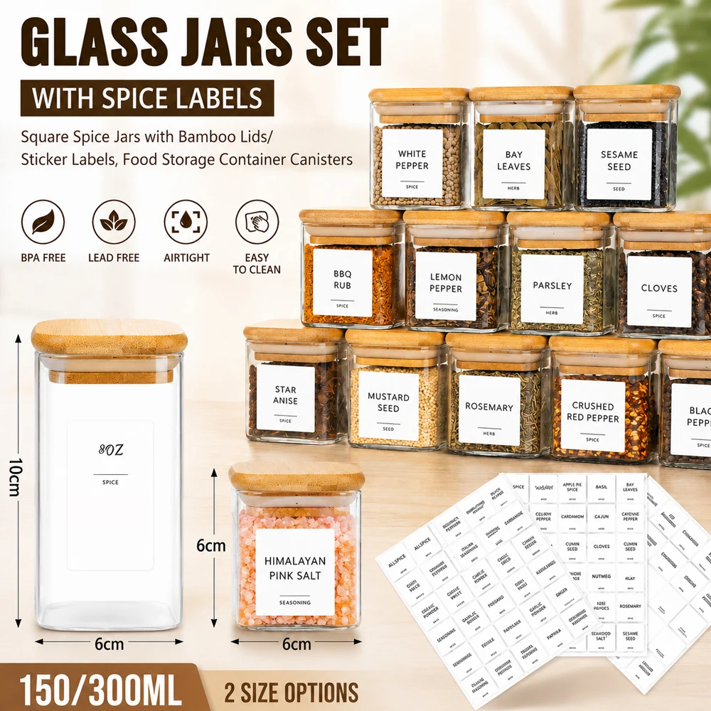 Spice Jars with Labels, Glass Jar with Bamboo Lid, Airtight Square Containers with White Labels, Empty Seasoning Jars