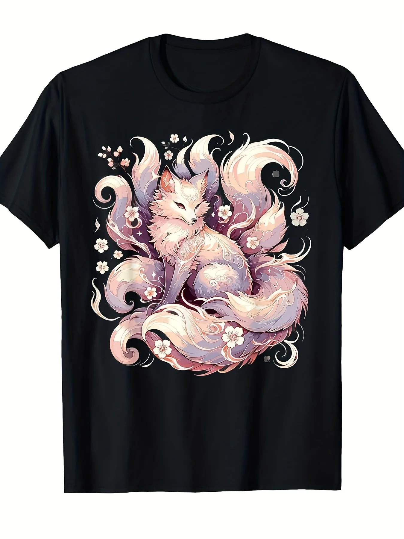 Men's Kitsune Nine-Tailed Fox T-Shirt - Kyubi Mythical Fox Anime Art, Cherry Blossom & Fox Powers Suitable for Casual Wear, Conventions & Everyday Outfits - Comfortable Casual Fit for Year-Round Wear (Machine Washable)