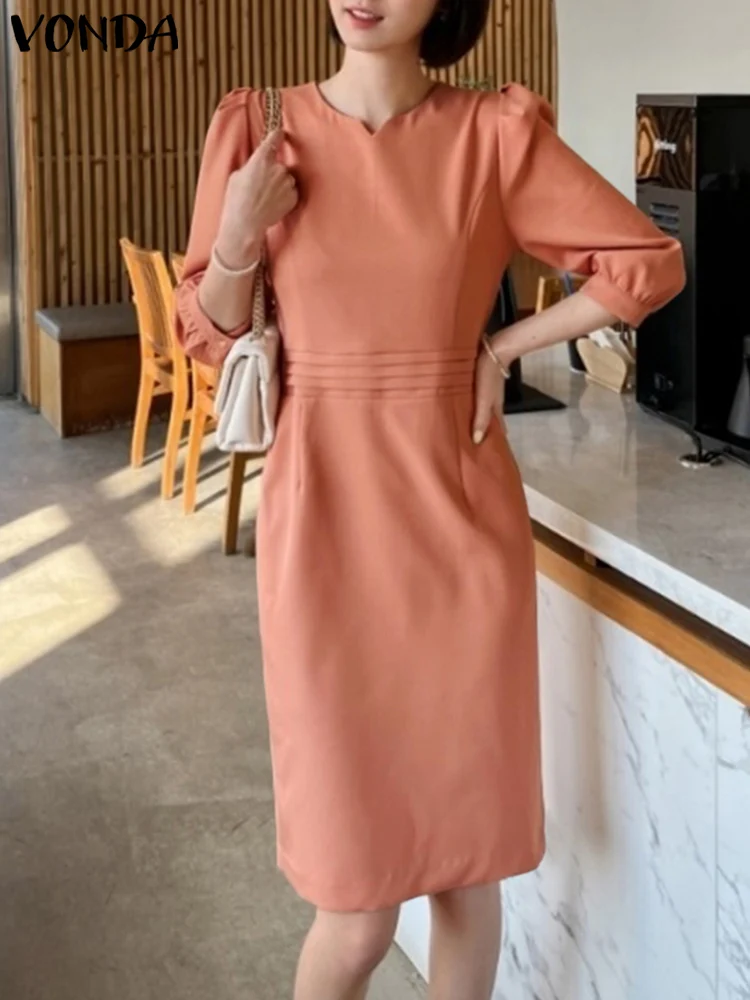 VONDA Elegant Shirt Dress 2023 Women Summer Mini Sundress Casual Solid Color 3/4 Puff Sleeve Pleated V-Neck Short Vestidos Robe