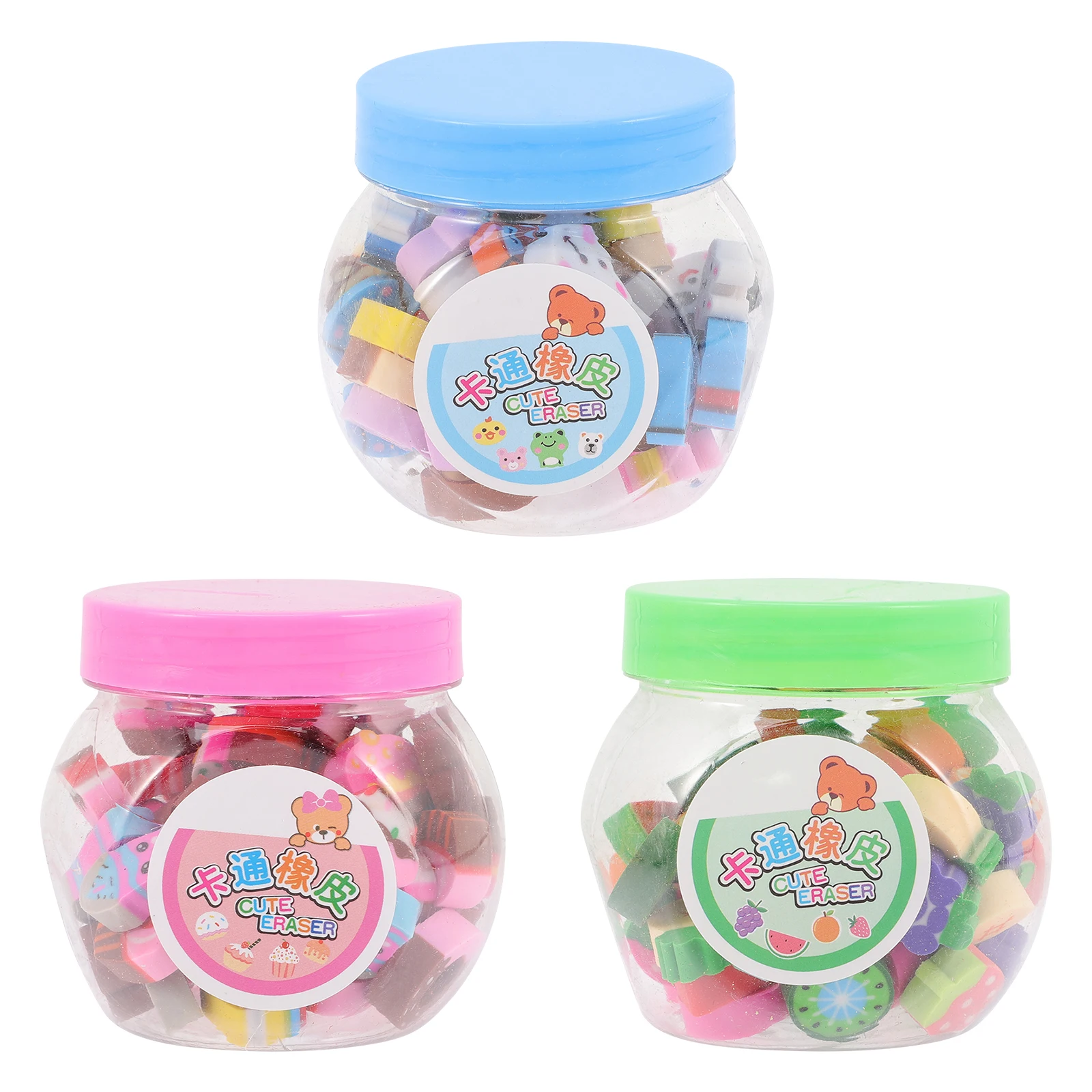 

Cartoon Erasers for Kids 3 Jars Cute Mini School Kawaii Practical Pencil Mistake Remover Gift Student Small Size Light Weight