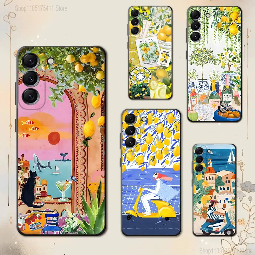 Seaside Scenery Wine Lemon Phone Case For Samsung Galaxy A20,21s,22,31,32,52,53,72,73,80,91 Soft Liquid Silicone Black Cover