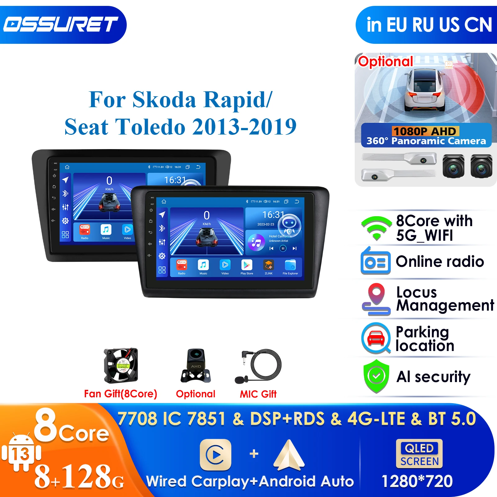 Carplay 4G DSP QLED Screen 2din Android Autoradio for Skoda Rapid 2013-2019 Seat Toledo Car Radio Multimedia Video Player GPS BT