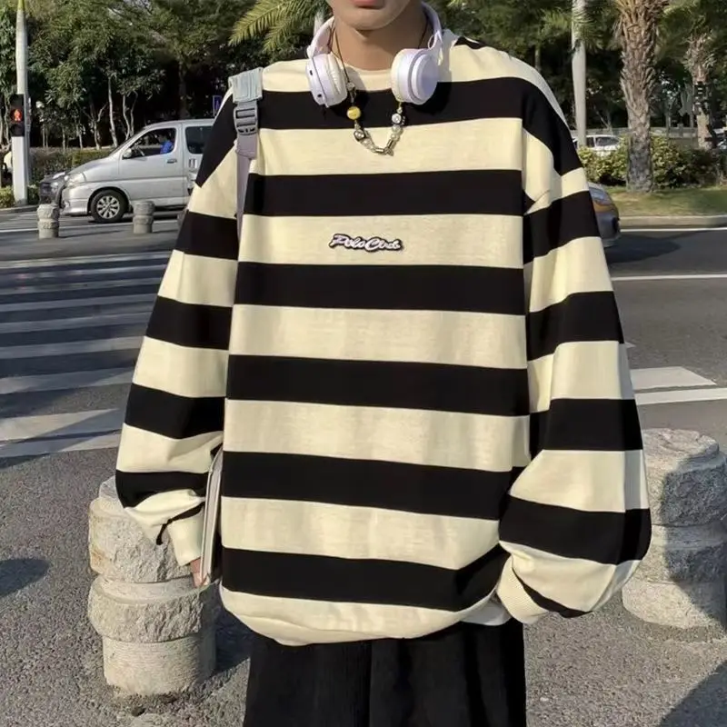Men's Sweatshirts Large Size Autumn Winter New Round Neck Sweater Male Long Sleeves Striped Letter Loose Casual Tops Pullover