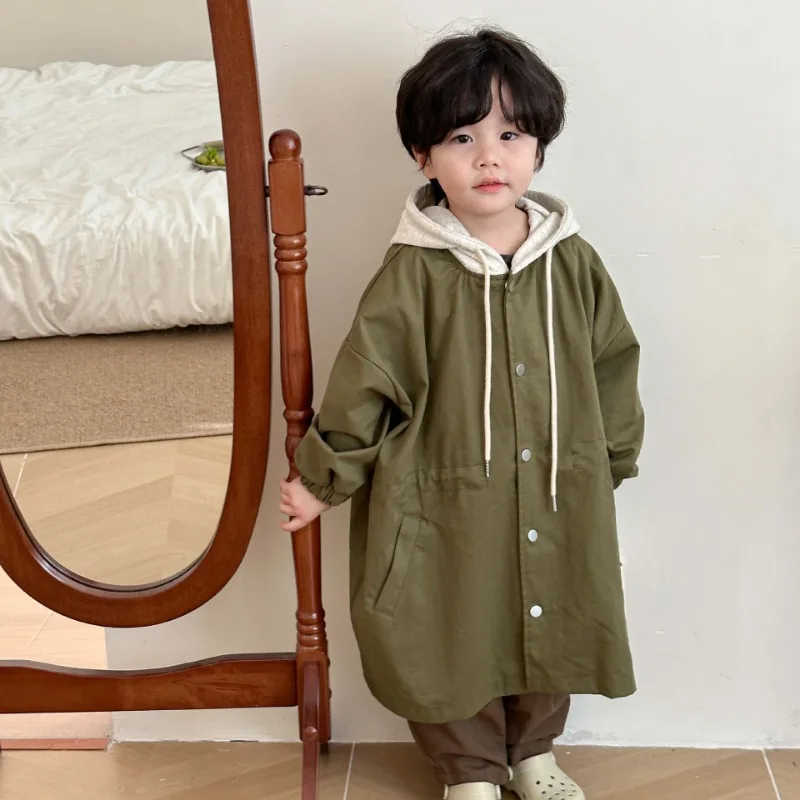 

2024 Spring Kids contrast color hooded trench jackets Boys and girls loose casual long style wind jackets