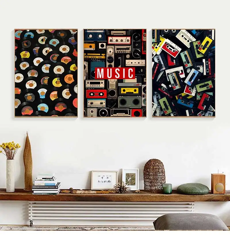 Vintage Cassette Tape and Vinyl Poster Modern Music Prints Canvas Painting Wall Art Pictures Home Room Classics Music Decoration