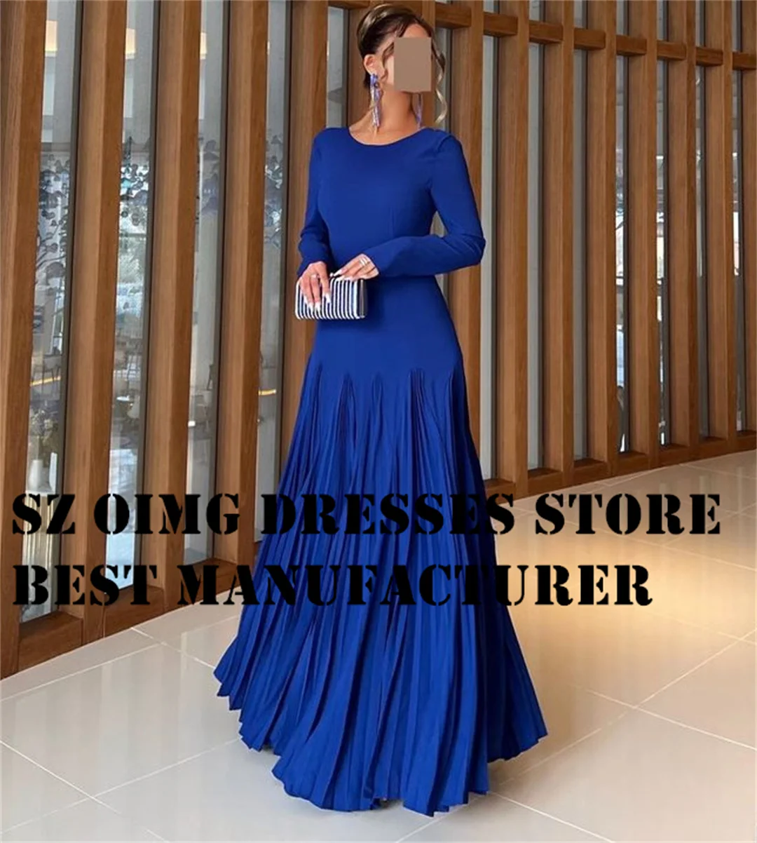 OIMG Elegant A-Line Ruched Prom Dresses Long Sleeves O-Neck Floor Length Satin Ruched Blue Evening Gowns Formal Party Dress