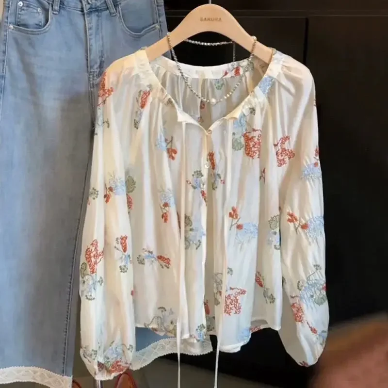 

French Style Women Blouse Floral Printed Lace-up Crew Neck Long Sleeve Shirt 2025 Summer New Temperament Shirts Top